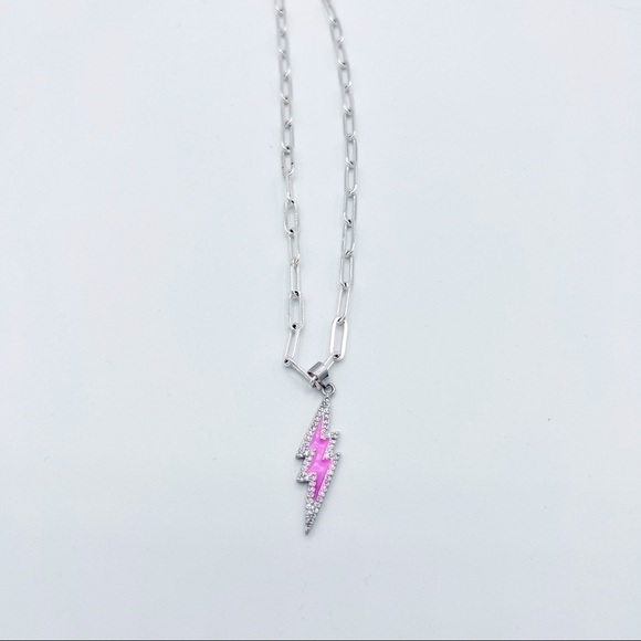 Sterling silver paperclip chain with link enamel lightening bolt - Picture 2 of 2